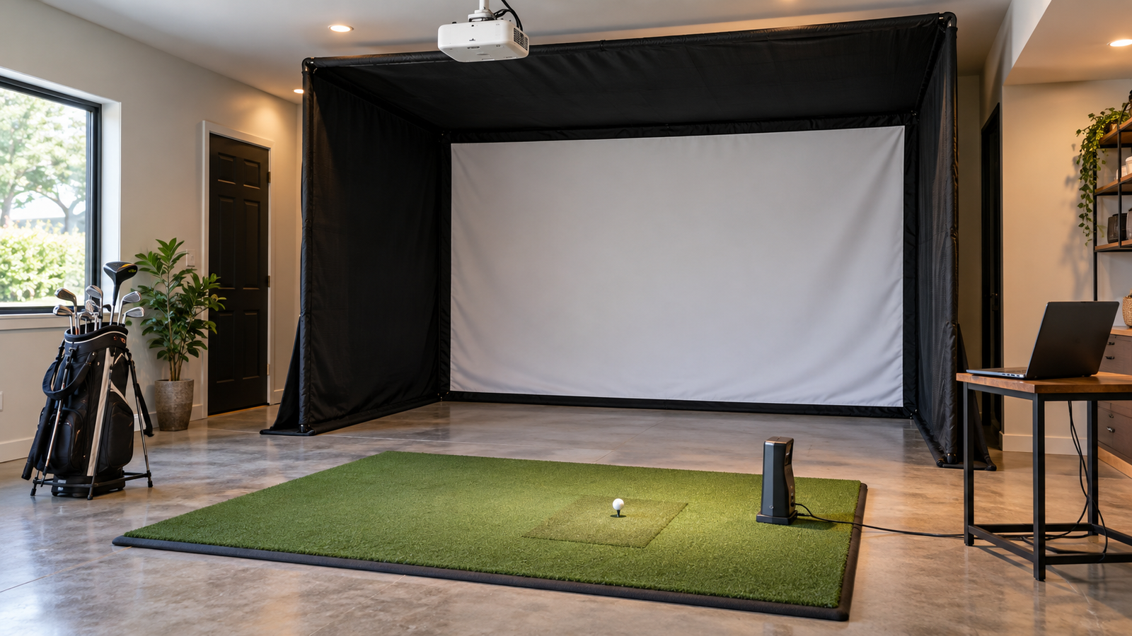 Home golf simulator showing an impact screen, projector, launch monitor, hitting mat, computer, and related equipment.