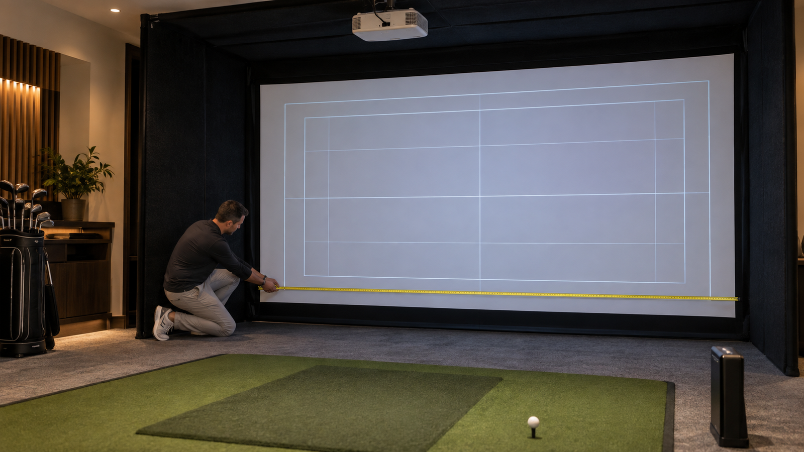 Homeowner measuring a golf simulator screen while projected alignment rectangles illustrate different image proportions.