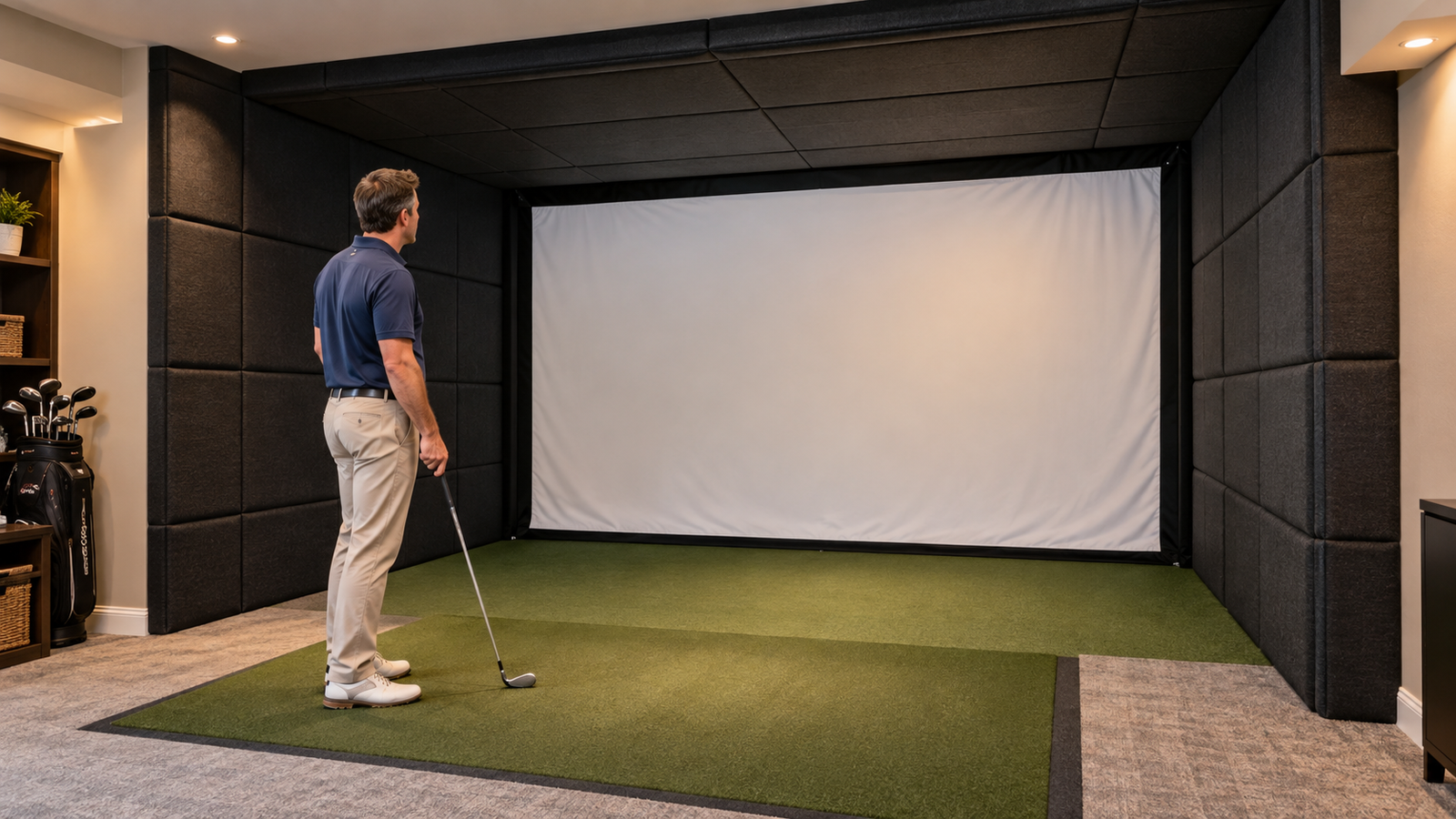 Home golf simulator with padded wall panels and ceiling protection surrounding the impact screen.
