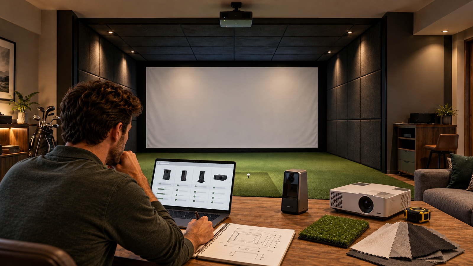 Homeowner comparing golf simulator equipment at a table in front of a nearly completed simulator room.