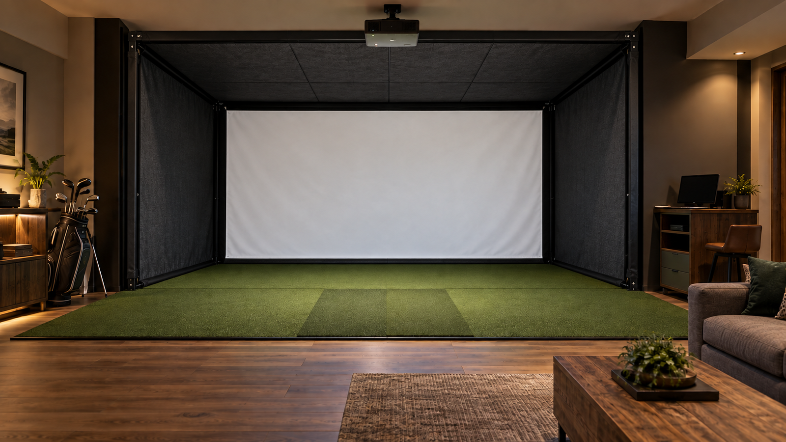 Golf simulator enclosure with a blank impact screen installed in a finished residential room.