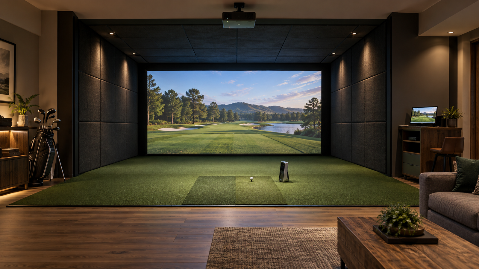 Completed home golf simulator with an impact screen, padded enclosure, hitting turf, launch monitor, projector, and control station.