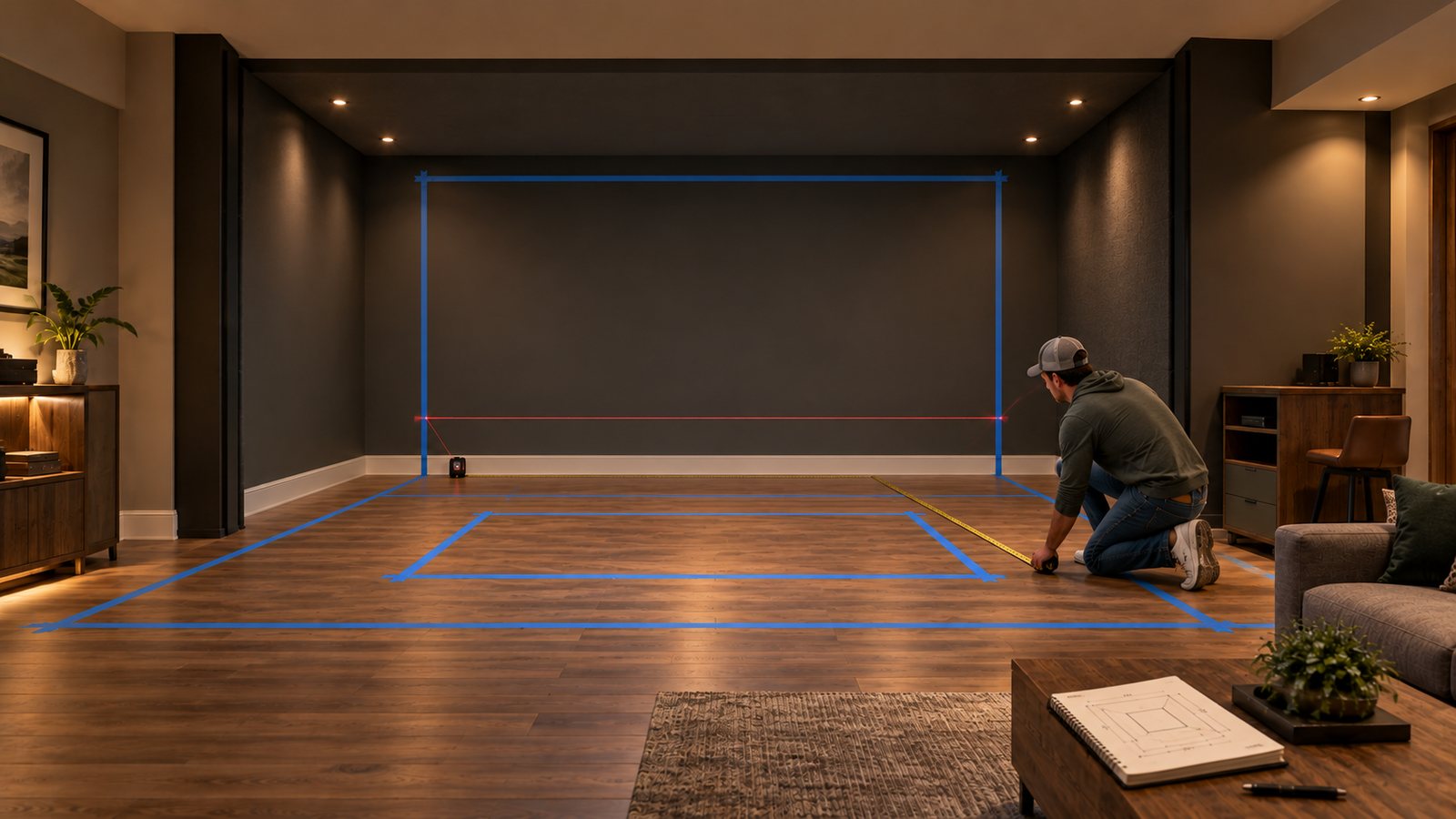 Homeowner measuring and marking a room before installing a home golf simulator.