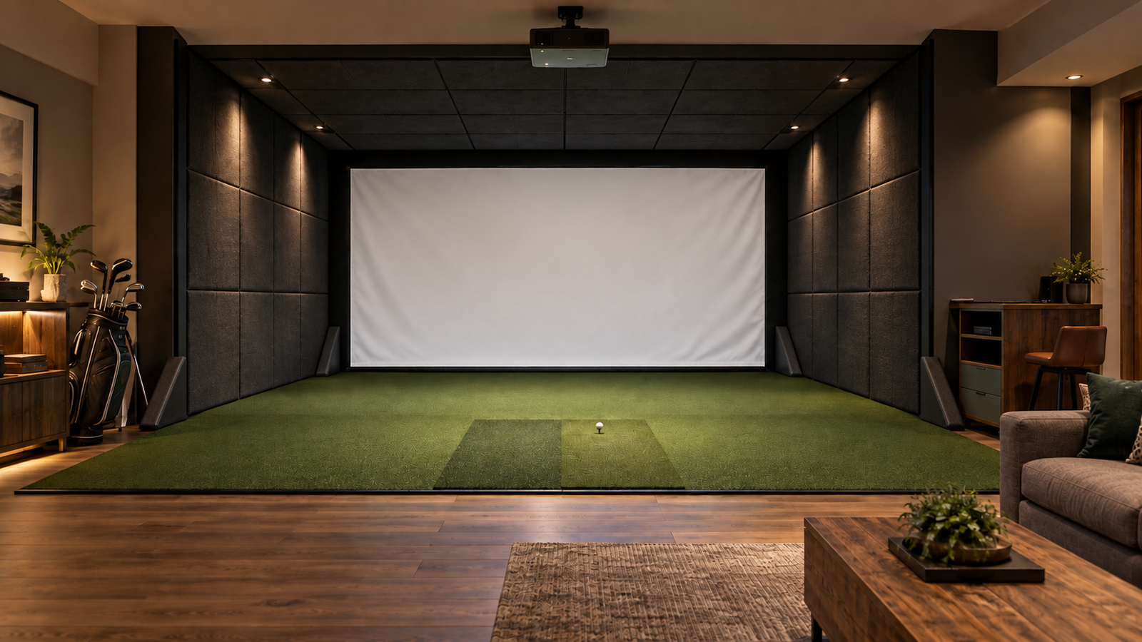 Home golf simulator room with a blank impact screen, padded side walls, ceiling protection, and turf flooring.